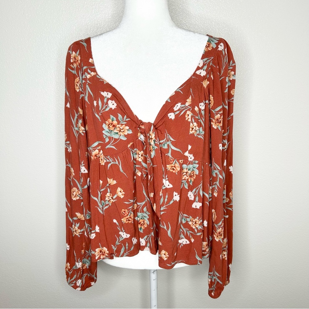 American Eagle Womens Rust Brown Floral V-Neck Tie